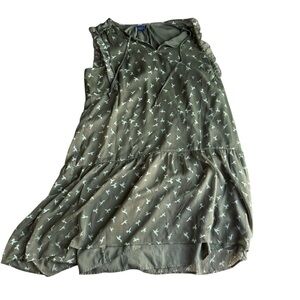 Kaari Blue Olive Dress‎ with Bird Pattern Midi V Neck Size XL Casual Dress